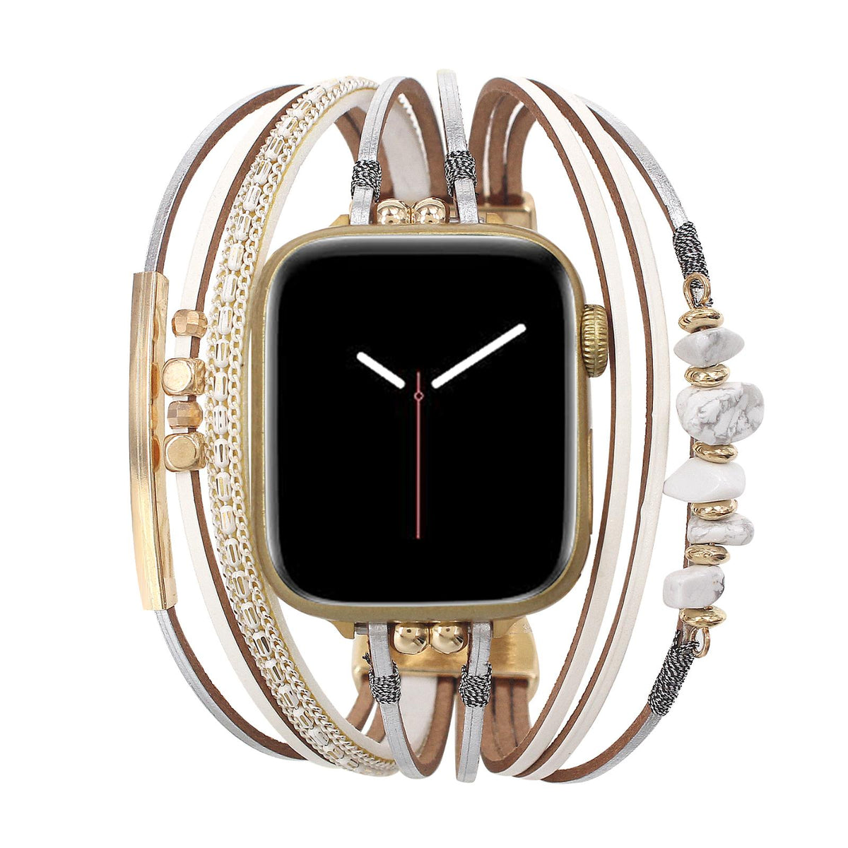Damen-Uhrenarmband mit mehreren Kordeln, goldenen Details und grünen Steinen, elegantes Handgelenk-Accessoire