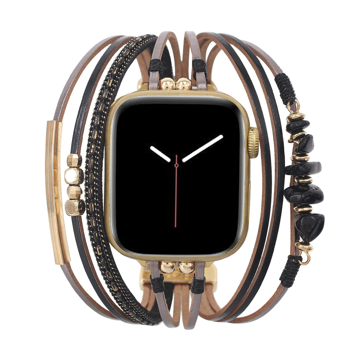 Damen-Uhrenarmband mit mehreren Kordeln, goldenen Details und grünen Steinen, elegantes Handgelenk-Accessoire