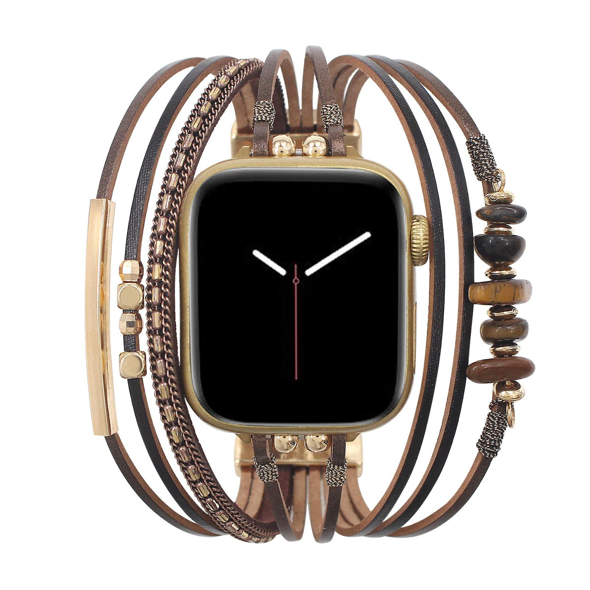 Damen-Uhrenarmband mit mehreren Kordeln, goldenen Details und grünen Steinen, elegantes Handgelenk-Accessoire