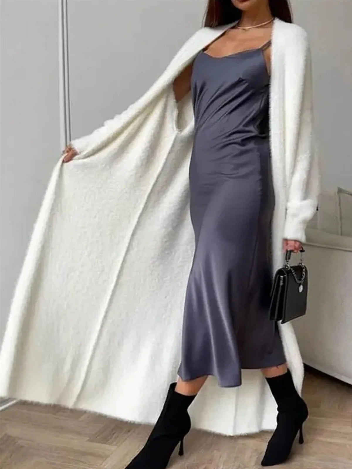 Damen Longline Kunstfell-Cardigan
