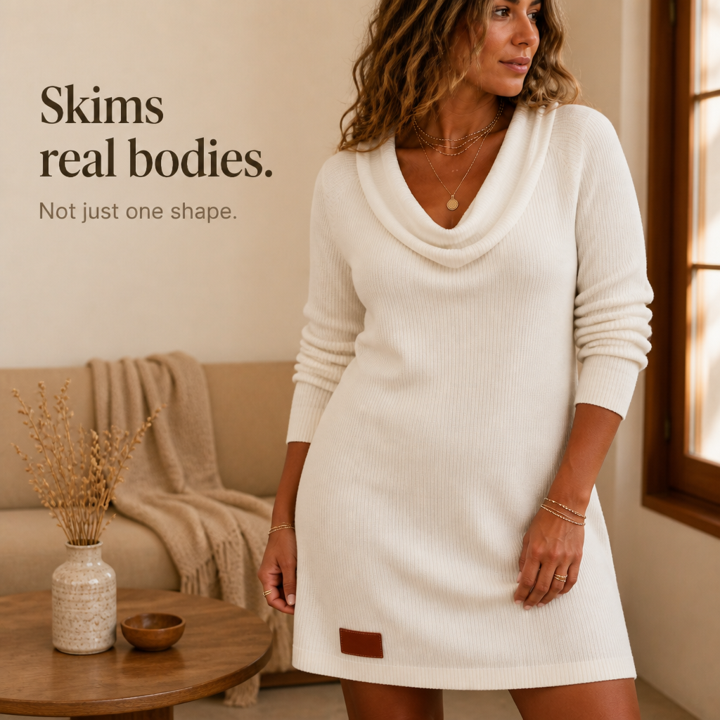 Geripptes Strickkleid mit Wasserfallkragen