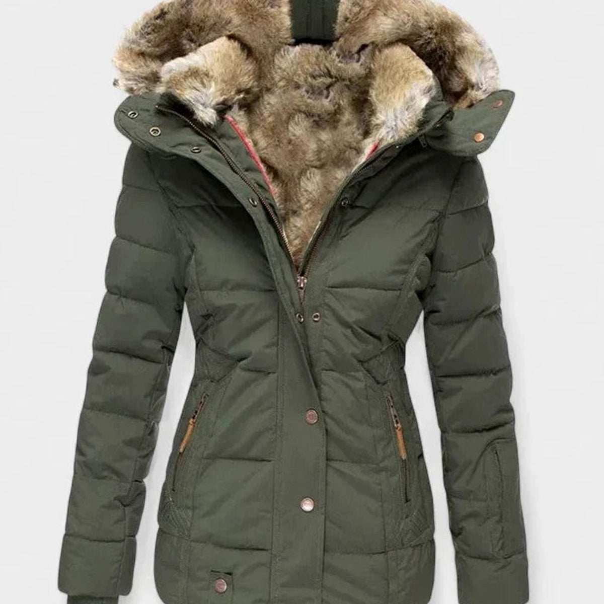 Damen Gefütterte Winterjacke mit Kunstfell-Kapuze und Taille