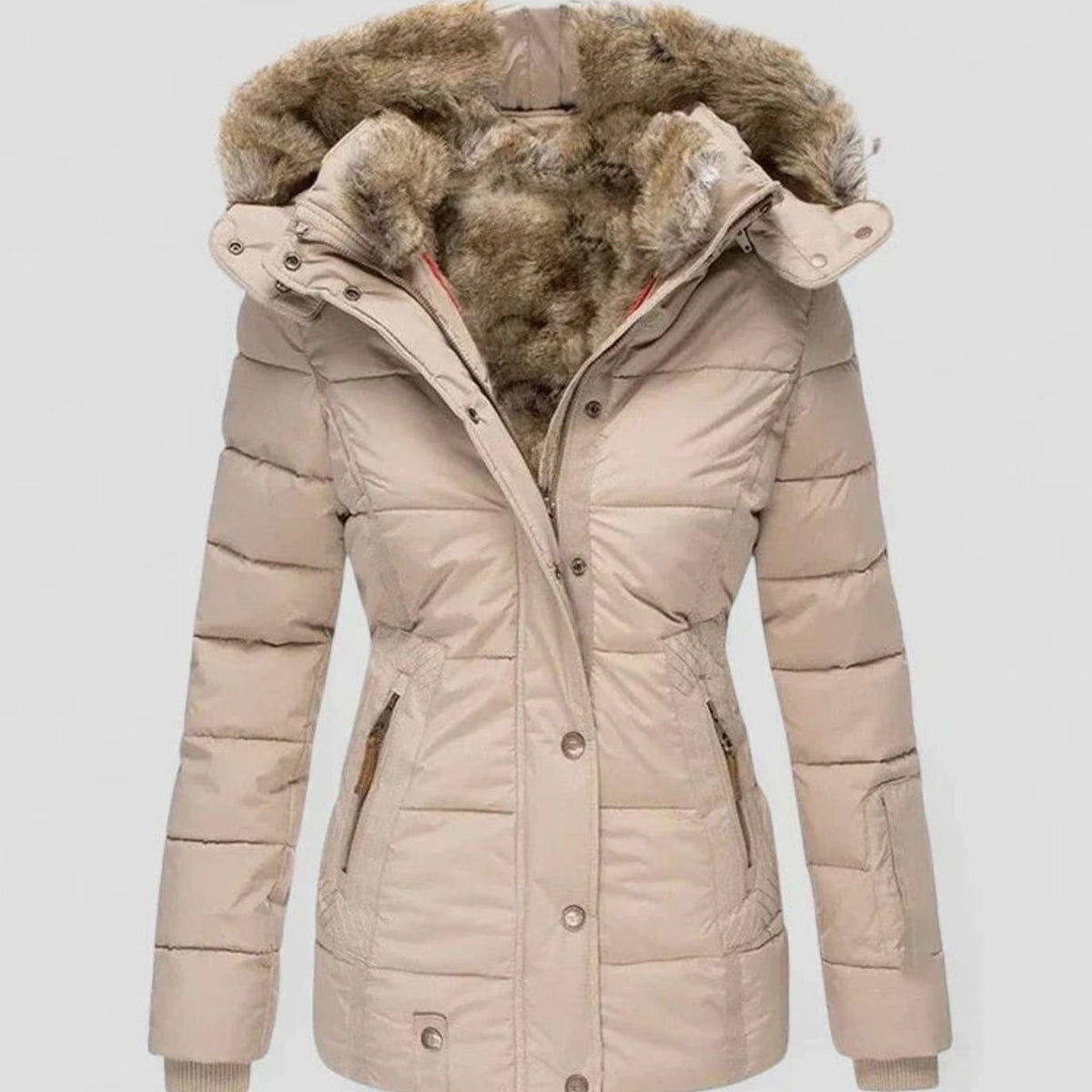 Damen Gefütterte Winterjacke mit Kunstfell-Kapuze und Taille