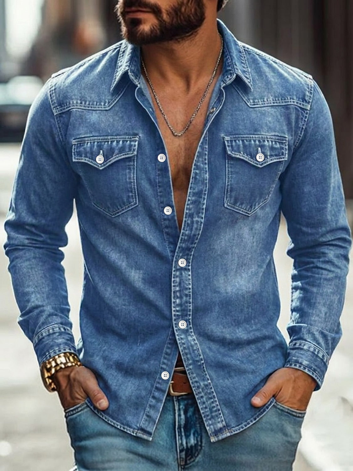 Vintage Washed Cotton Denim Arbeitshemd