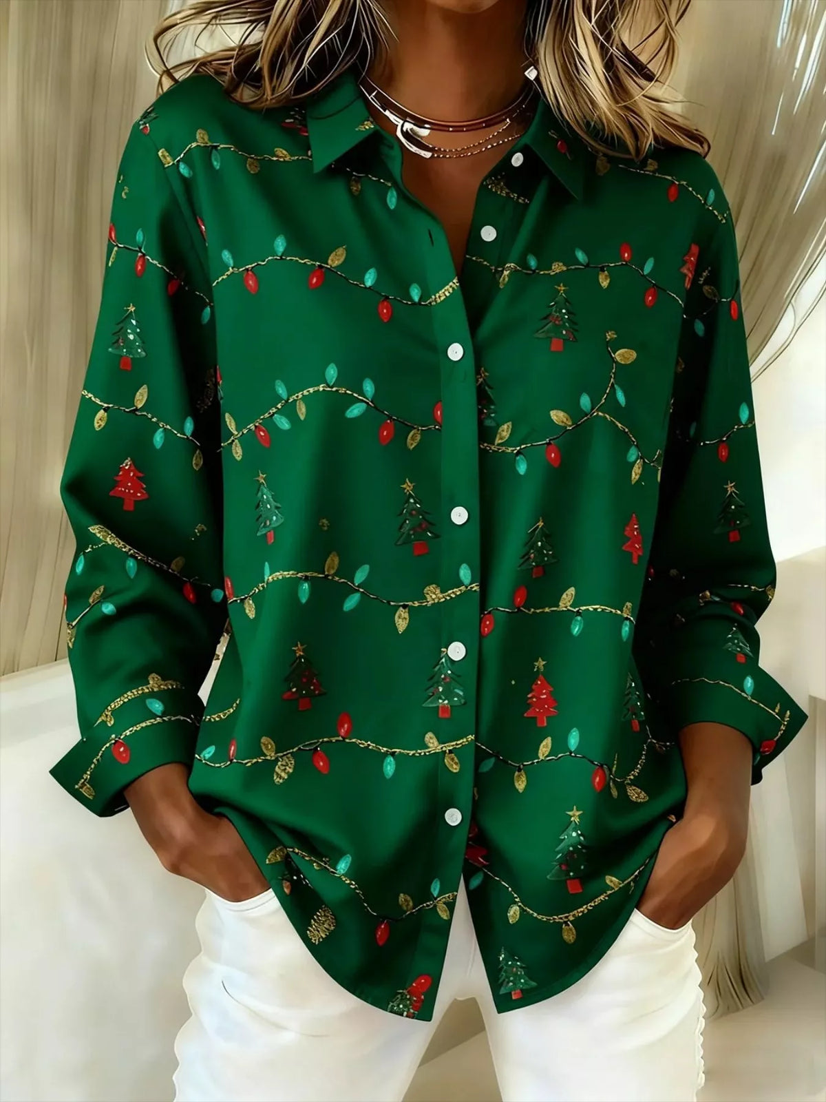 Hemd mit Weihnachtsbaum-Print und langen Ärmeln zum Knöpfen in großen Größen