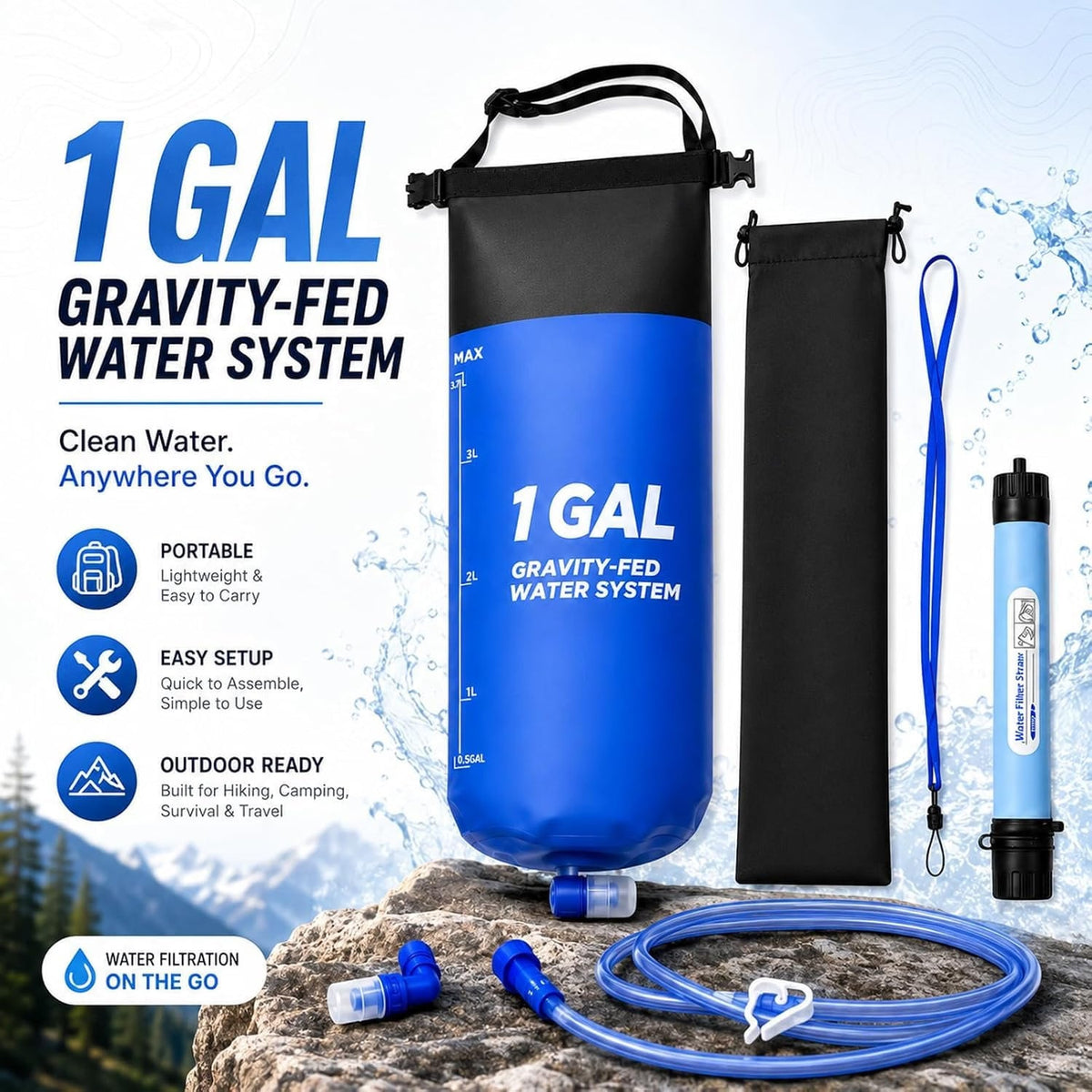 Schwerkraft-Wasserfilter mit 0,01 Mikron Membran, Arbeitsplatten-Filterung, für Camping & Notfälle zu Hause, 1,5L, tragbar