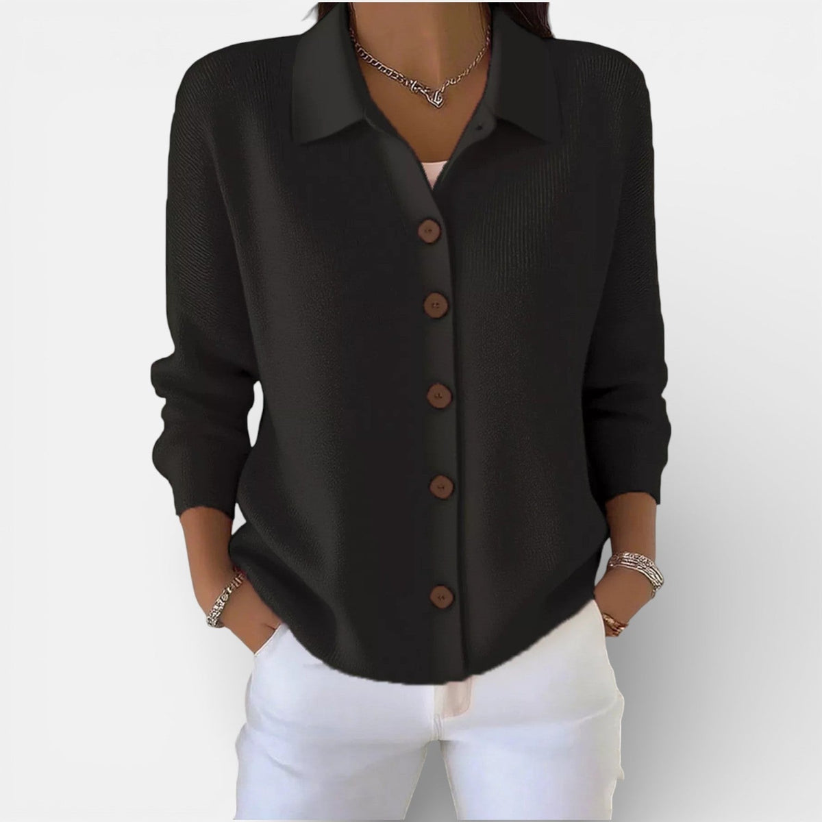 Strickbluse mit Polokragen und Knopfleiste