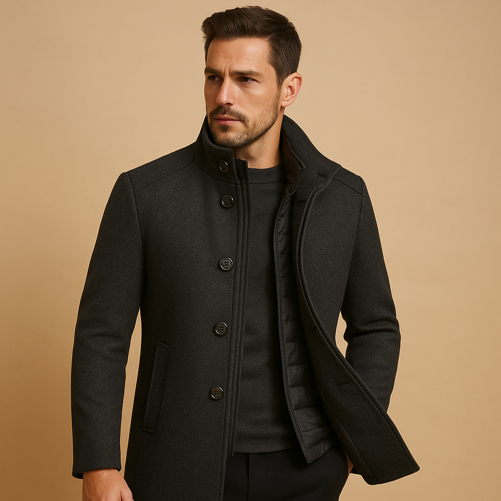 Herren Wollmischungs-Jacke mit Stehkragen – Taillierte Einreihige Elegante Oberbekleidung für Geschäft Büro Alltag Stadt und Herbst Winter