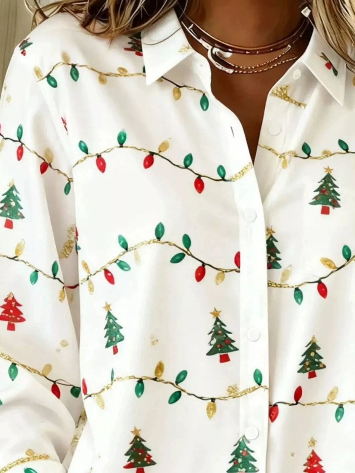 Hemd mit Weihnachtsbaum-Print und langen Ärmeln zum Knöpfen in großen Größen