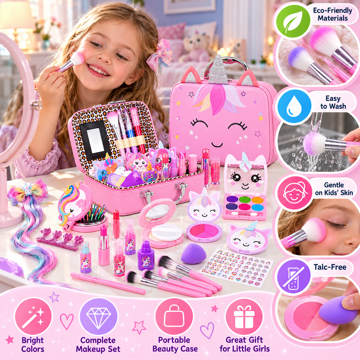 Umweltfreundliches und leicht abwaschbares Prinzessinnen-Makeup-Set für Kinder mit Kosmetiktasche