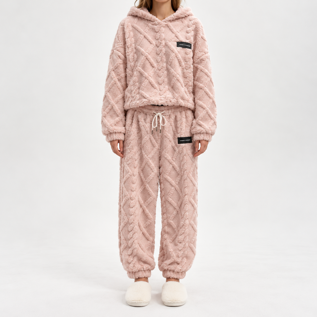 Damen Plüsch-Strukturiertes Hoodie & Hose 2-teiliges Set