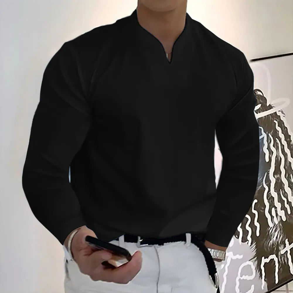 Herren Sport-T-Shirt aus Baumwolle mit langen Ärmeln und V-Ausschnitt