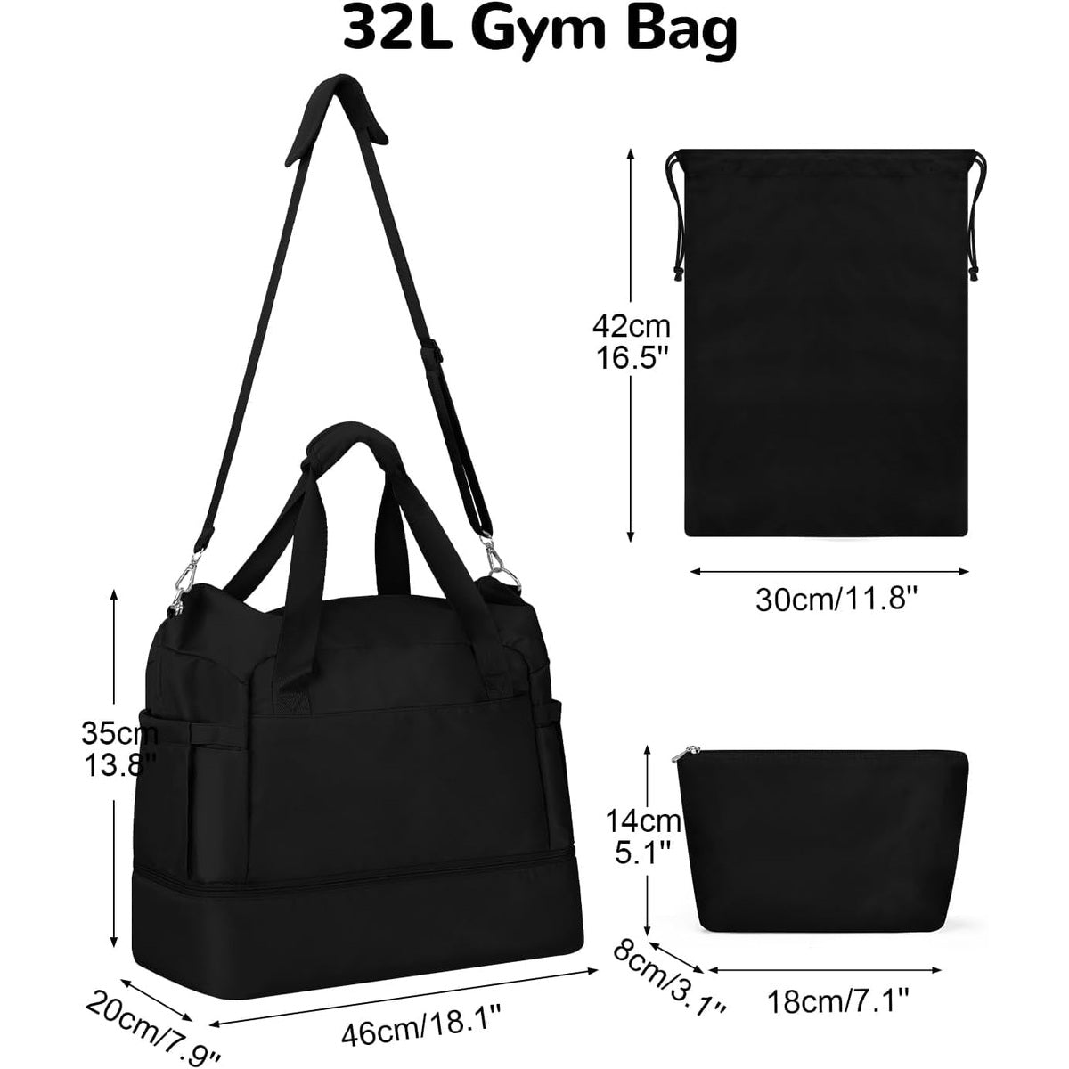 32L Gym- und Weekender-Reisetaschen-Set mit Schuhfach, 3-teilig