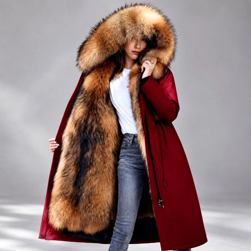 Damen Langer Parka-Mantel mit Fellkapuze und Fellfutter