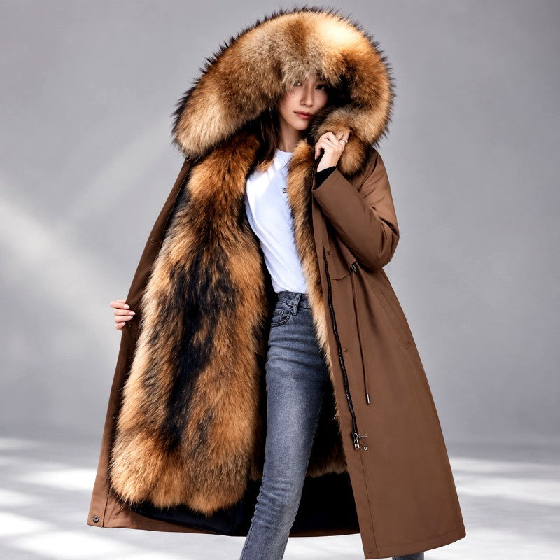 Damen Langer Parka-Mantel mit Fellkapuze und Fellfutter