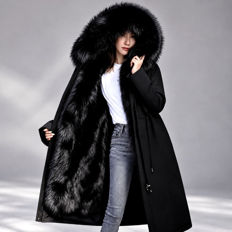 Damen Langer Parka-Mantel mit Fellkapuze und Fellfutter
