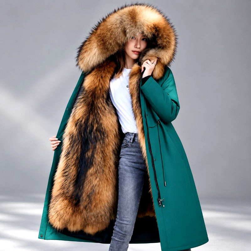 Damen Langer Parka-Mantel mit Fellkapuze und Fellfutter