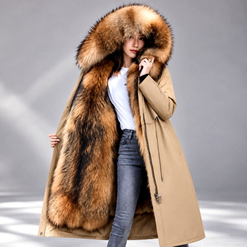 Damen Langer Parka-Mantel mit Fellkapuze und Fellfutter