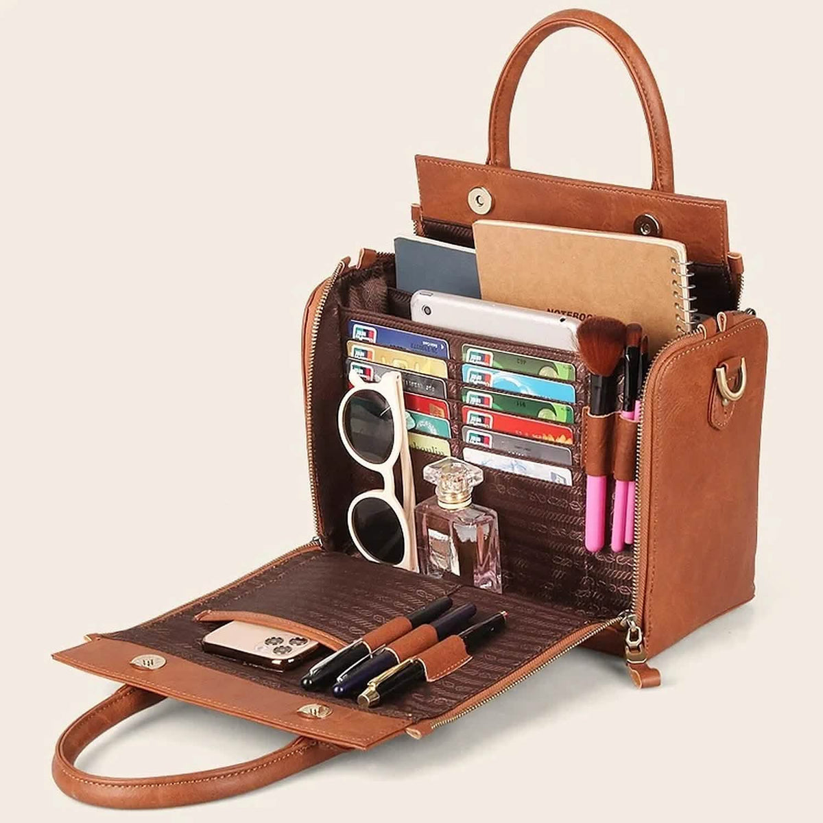 Vintage PU-Leder-Handtasche mit Multitaschen-Organizer-Einsatz