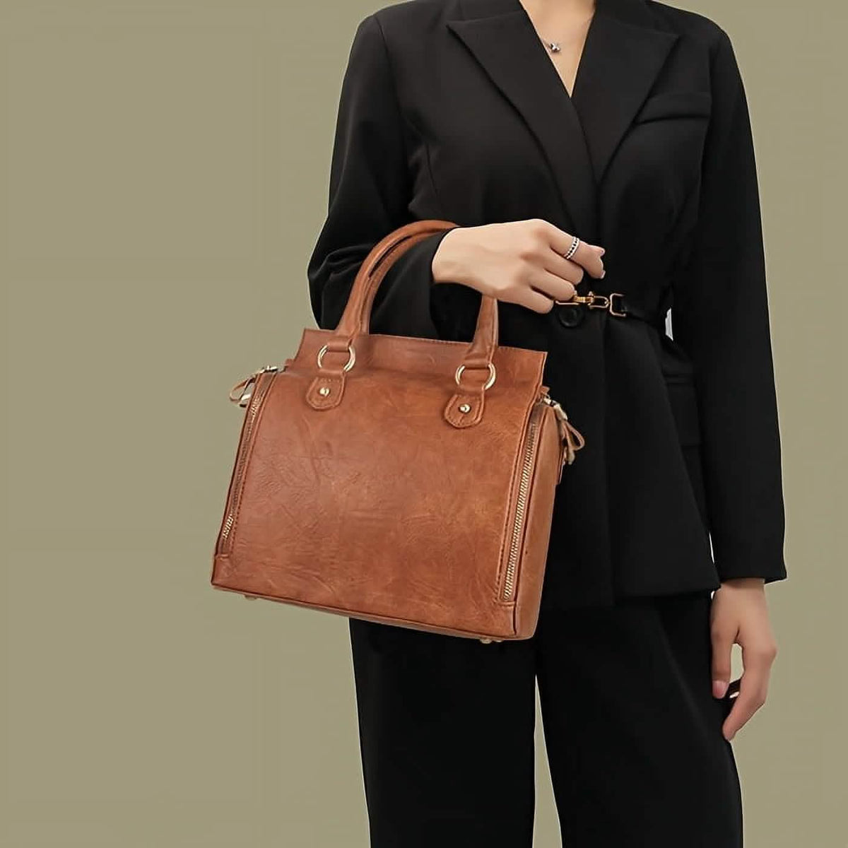 Vintage PU-Leder-Handtasche mit Multitaschen-Organizer-Einsatz