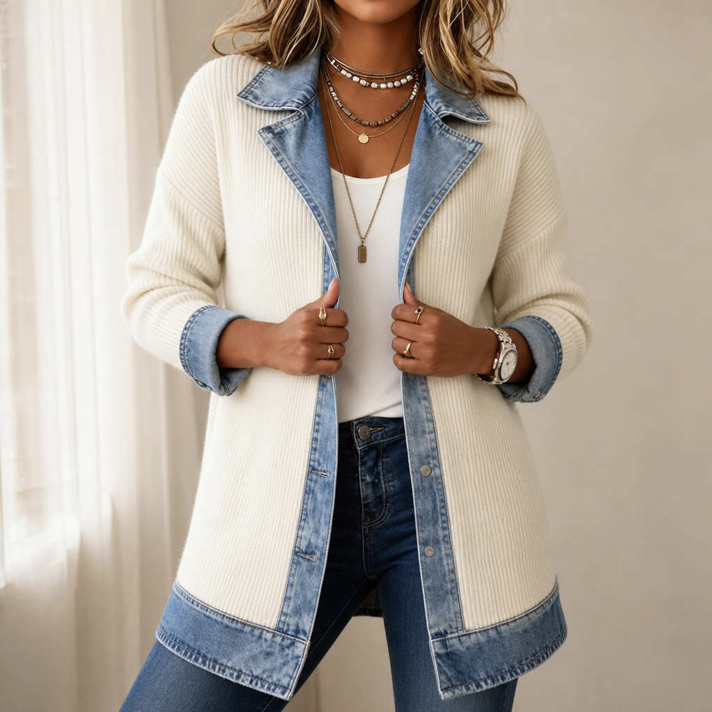 Gerippter Strickmantel mit Denim-Einsätzen