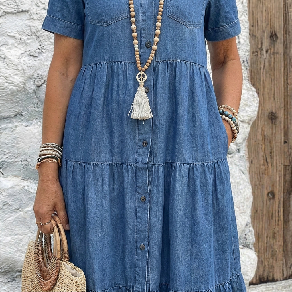 Relaxed Tiered Button-Front Midi Dress