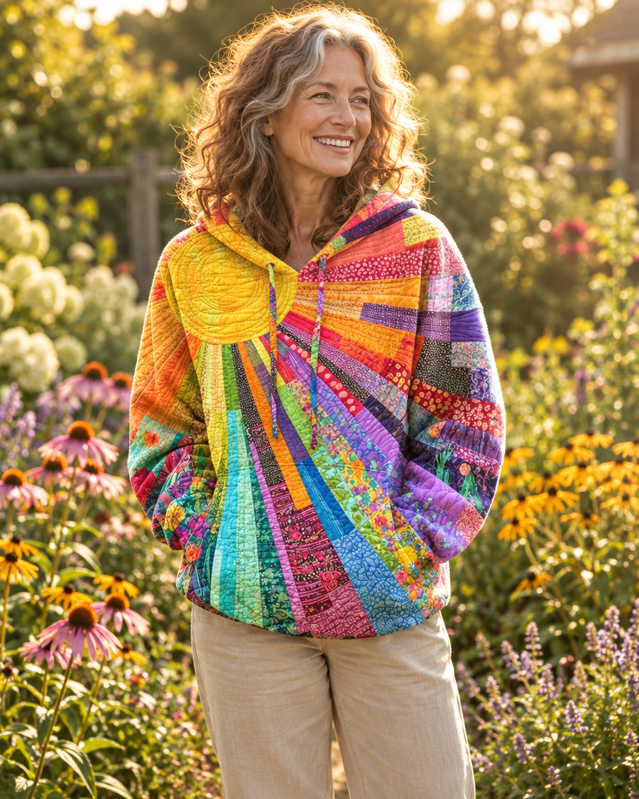 Damen Patchwork Sunburst Hoodie mit Kapuze mit Kordelzug – Entspannte Passform
