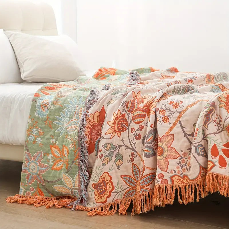 Rustikale Blumen-Boho-Decke | 100% Baumwolle Blumendecke