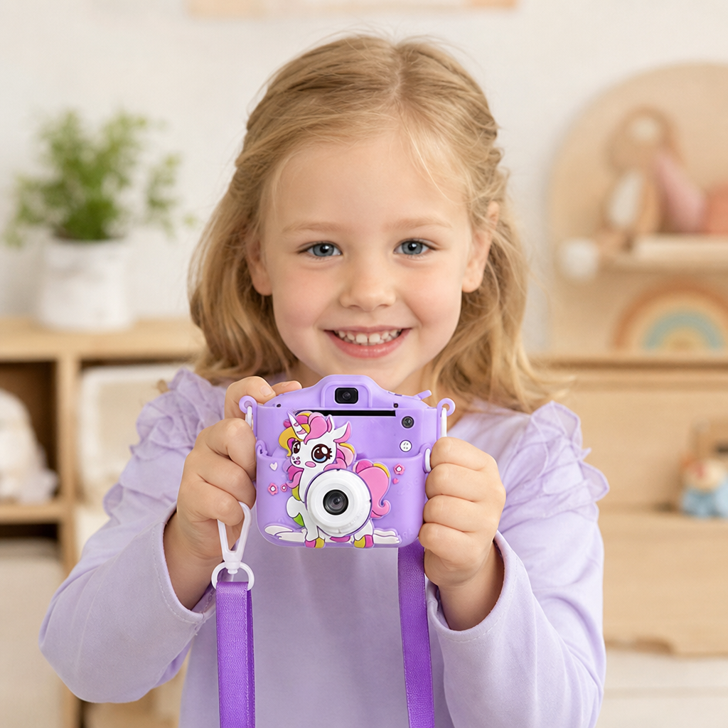 Wiederaufladbare Digitalkamera für Kinder mit Selfie-Modus, HD-Video & Silikonhülle