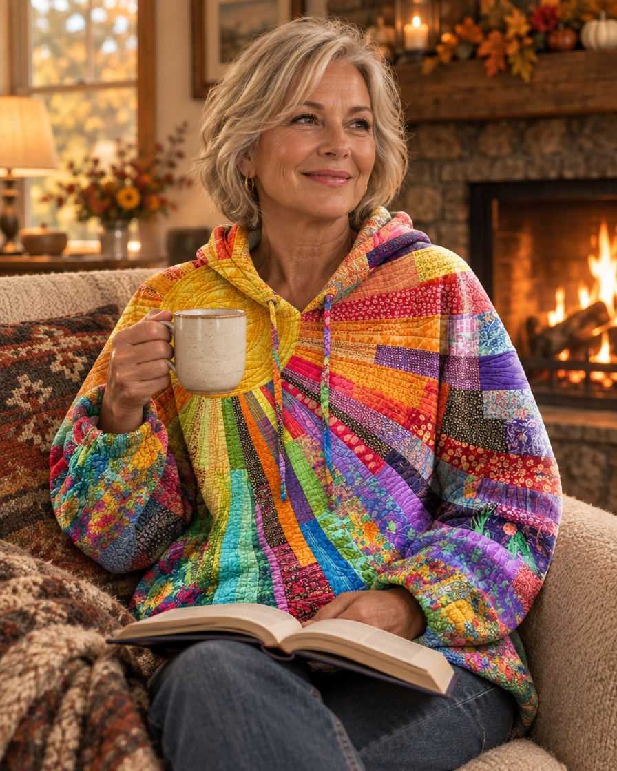 Damen Patchwork Sunburst Hoodie mit Kapuze mit Kordelzug – Entspannte Passform