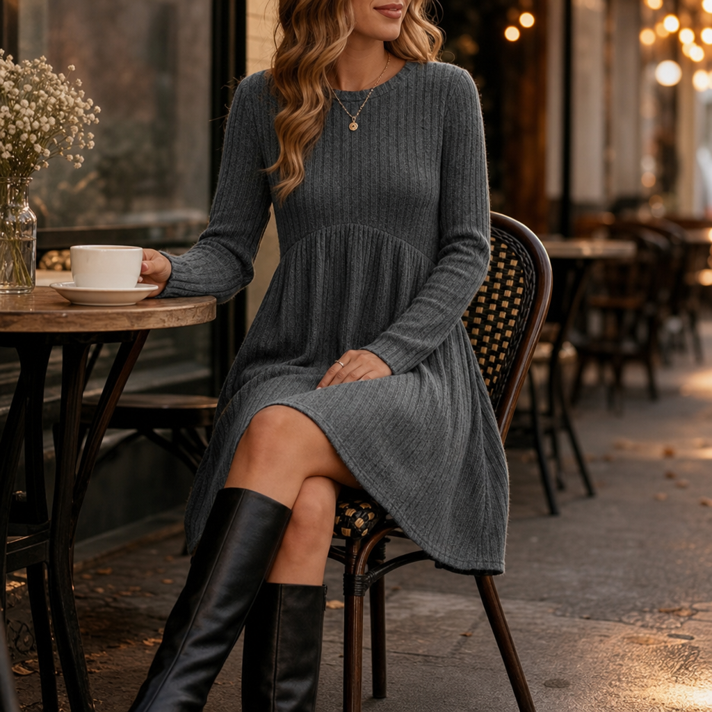 High-Waist Geripptes Strick-A-Linien-Midi-Kleid