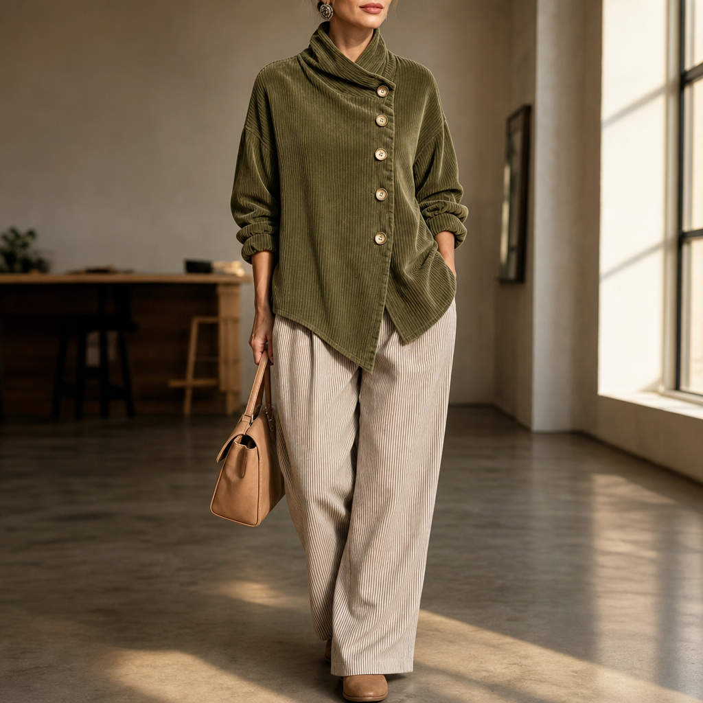 Funnel Collar Asymmetrisches Cord-Top mit Knopfleiste
