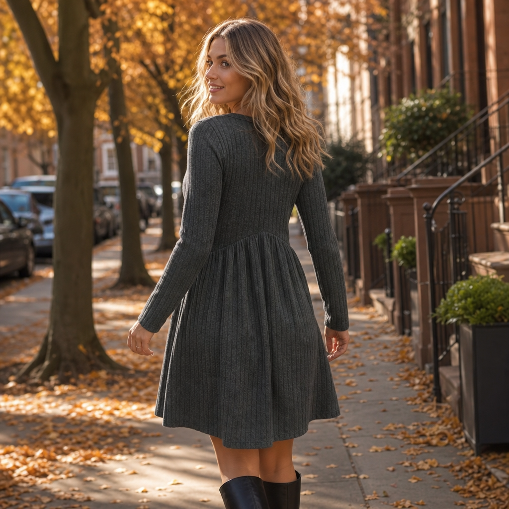 High-Waist Geripptes Strick-A-Linien-Midi-Kleid