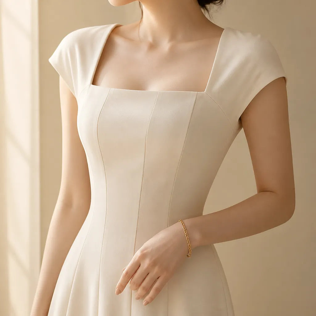 Quadratisches Ausschnitt A-Linien-Midikleid mit geformter Taille