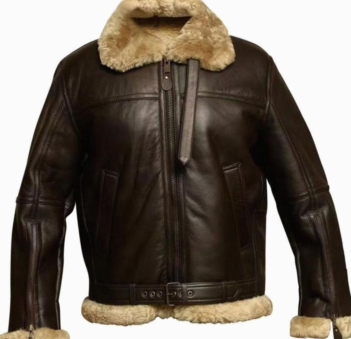 Herren Lammfell-gefütterte Aviator-Lederjacke mit Reißverschluss