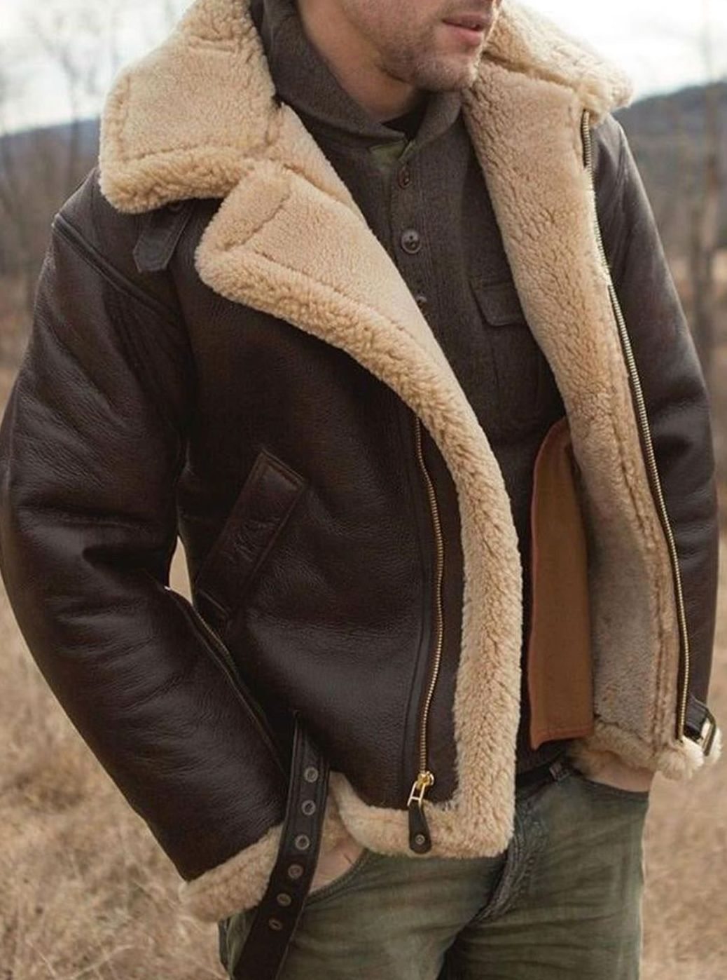 Herren Lammfell-gefütterte Aviator-Lederjacke mit Reißverschluss