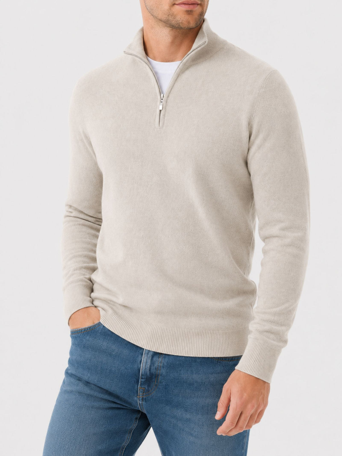 Herren-Pullover aus Merinowolle mit V-Ausschnitt und Reißverschluss-Detail