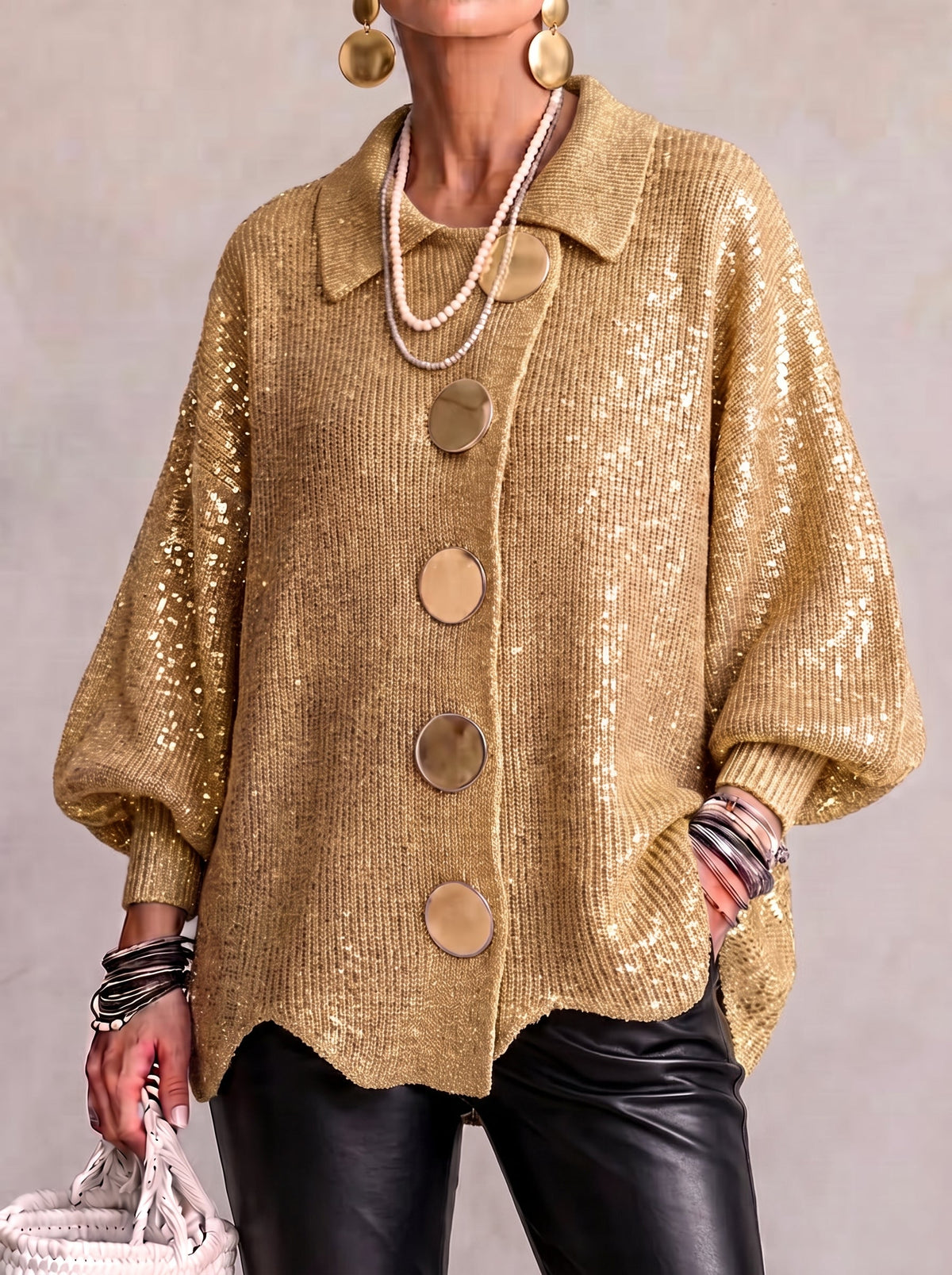 Oversized Cardigan mit Kragen und großen Metallknöpfen