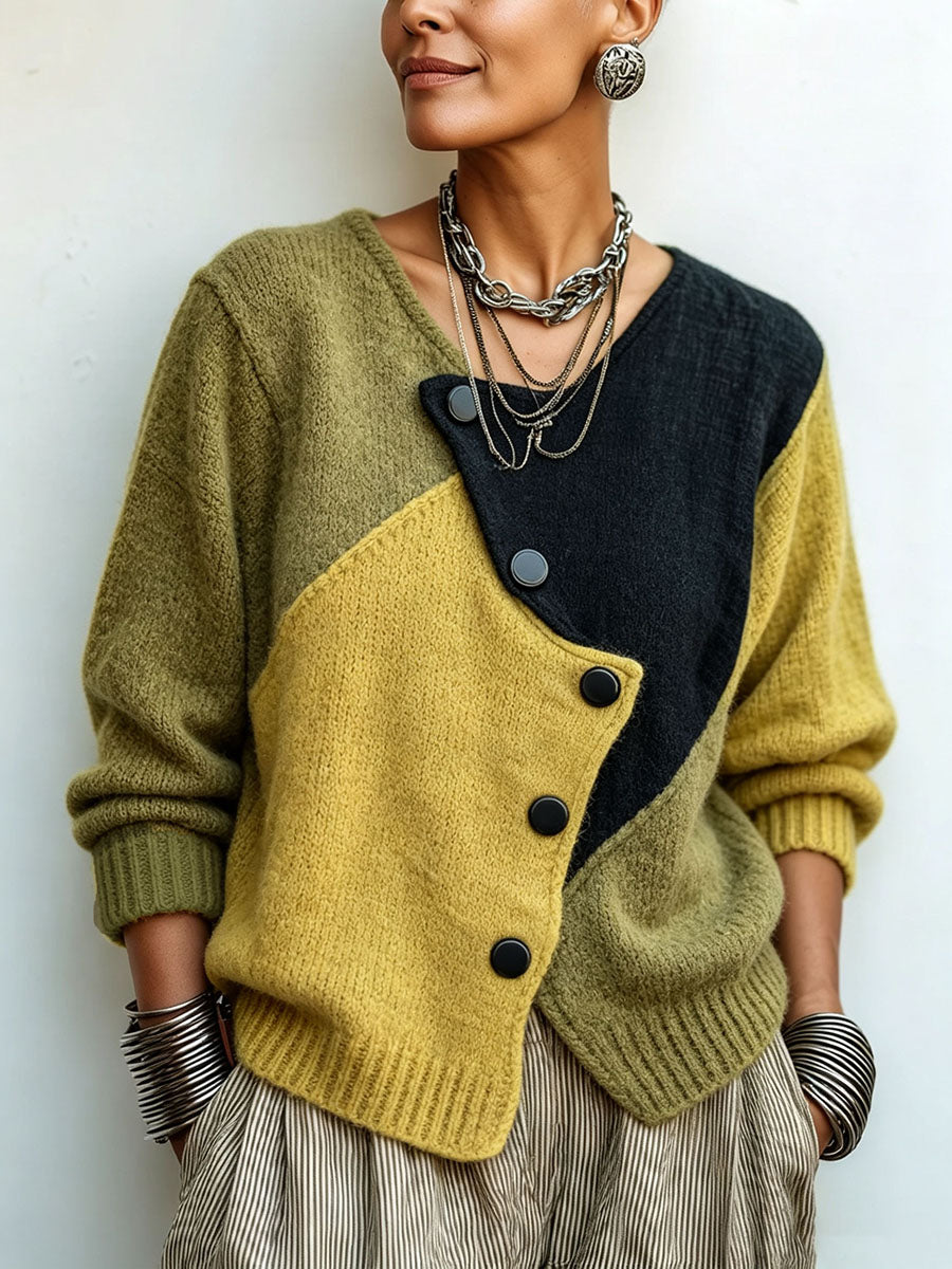Künstlerischer gemütlicher asymmetrischer Colorblock-Strickpullover