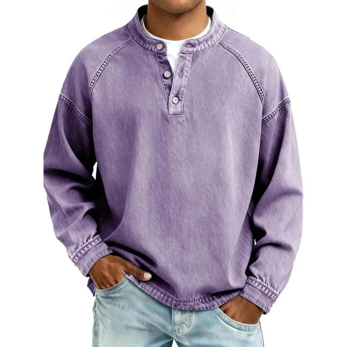 Herren Vintage-Wash Denim-Look Henley Pullover Sweatshirt