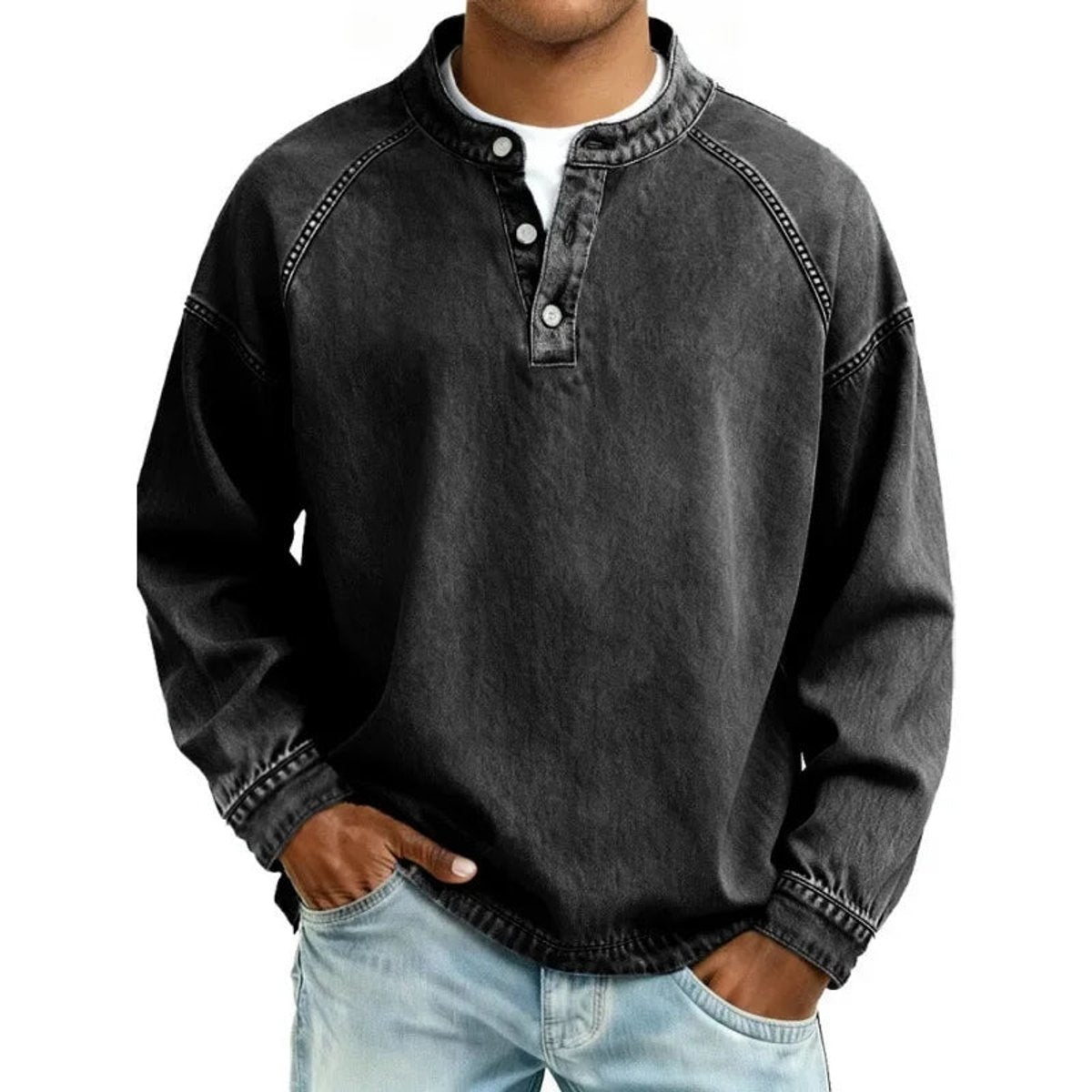 Herren Vintage-Wash Denim-Look Henley Pullover Sweatshirt