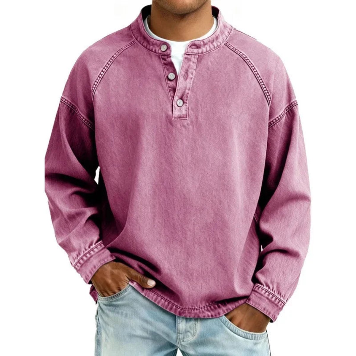 Herren Vintage-Wash Denim-Look Henley Pullover Sweatshirt