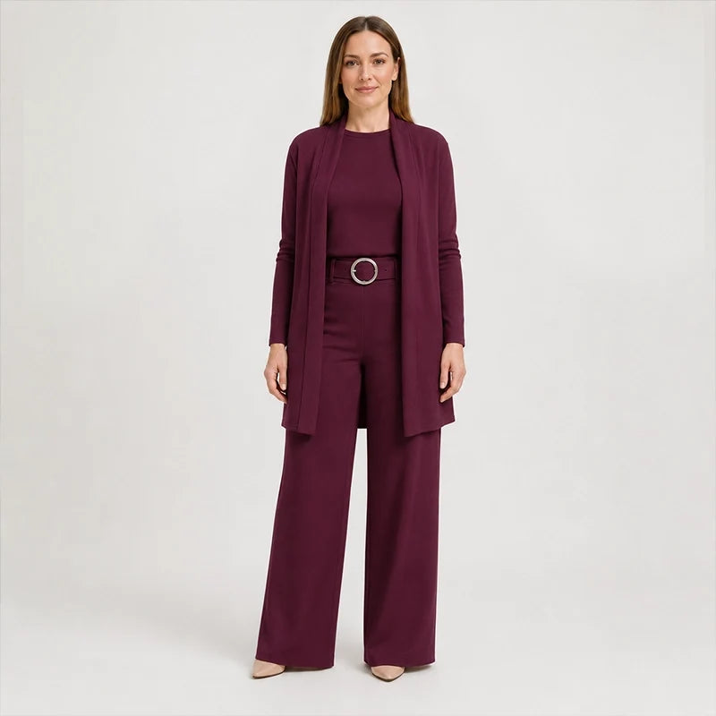 3-teiliges geripptes Strick-Reise- & Lounge-Set (Cardigan + Top + Hose mit weitem Bein)