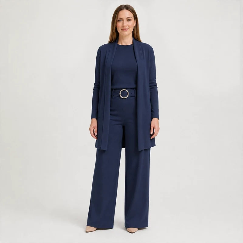 3-teiliges geripptes Strick-Reise- & Lounge-Set (Cardigan + Top + Hose mit weitem Bein)