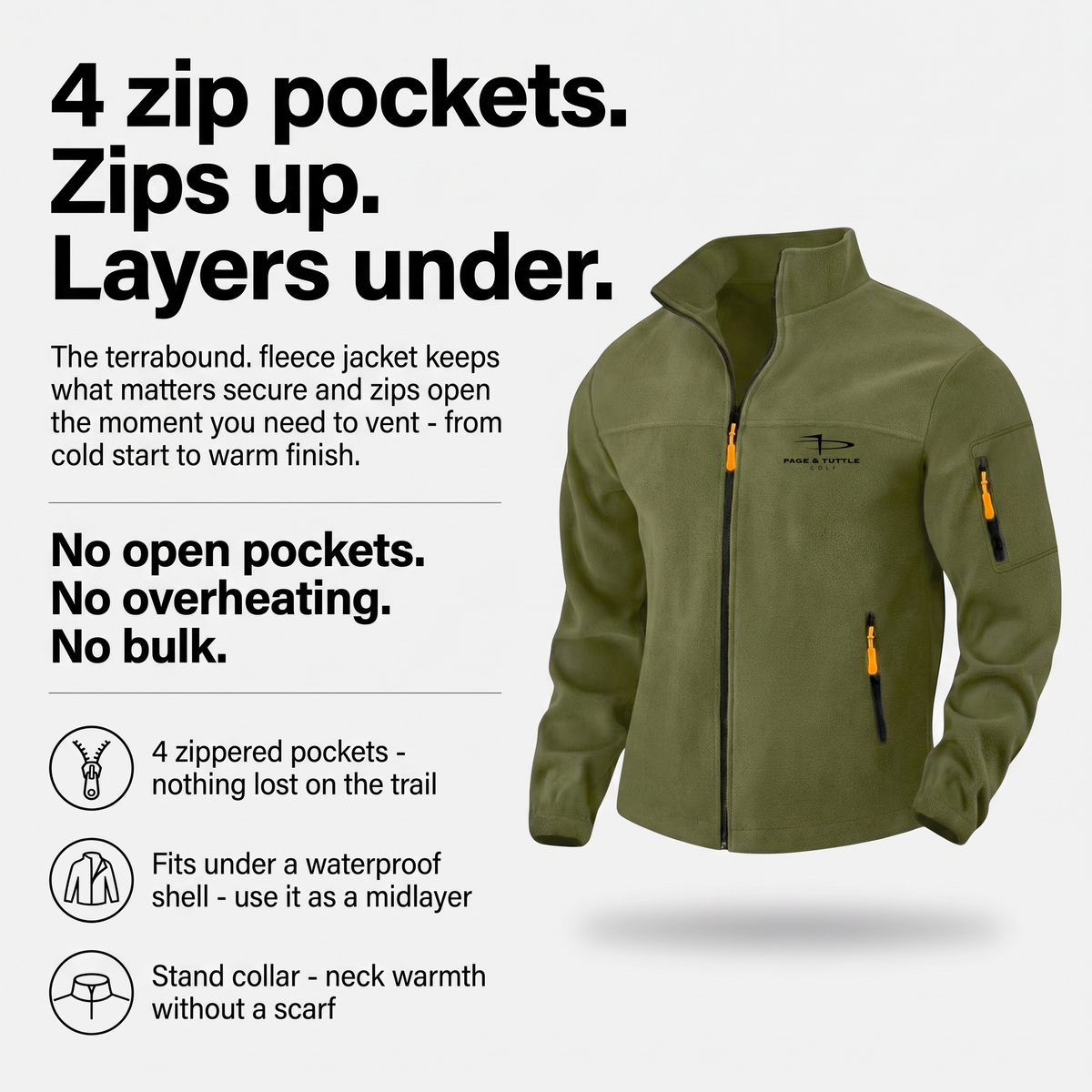 Herren-Fleecejacke - Durchgehender Reißverschluss Stehkragen - Wander- und Hiking-Midlayer
