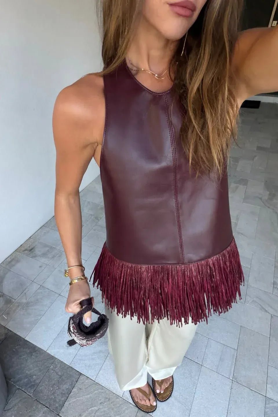 Sierra Kunstleder Fransen Neckholder-Top