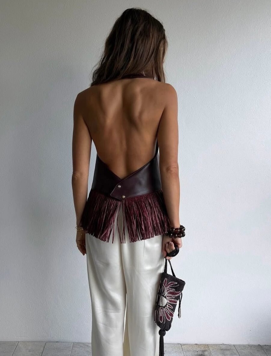 Sierra Kunstleder Fransen Neckholder-Top