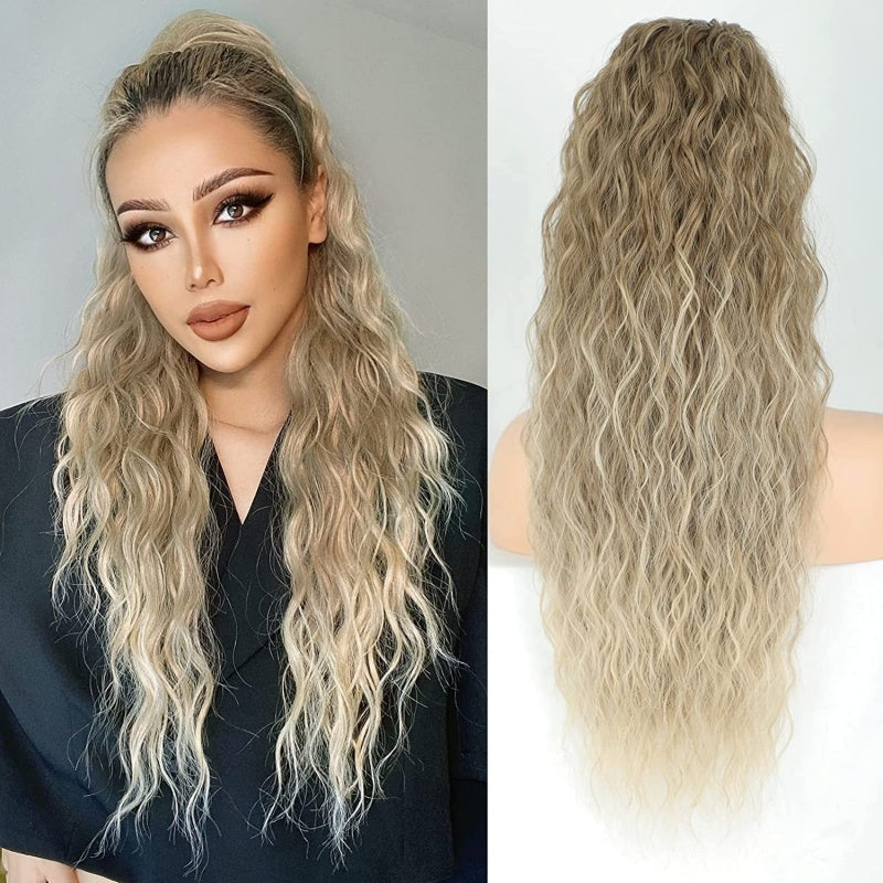 Lange gewellte Pferdeschwanz-Perücke (Water Wave) – Voluminöser Pferdeschwanz mit Clip für Alltag und Fest