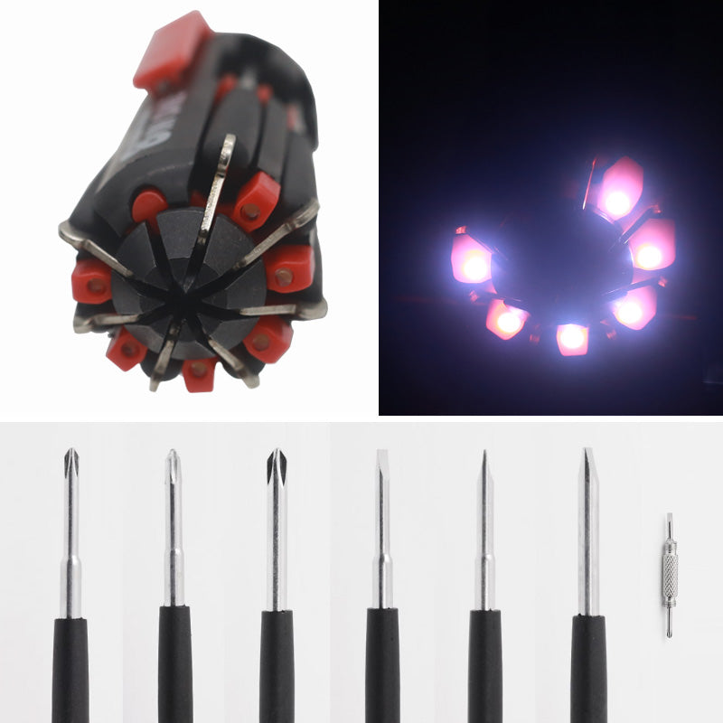 8-in-1 Klappschraubendreher mit eingebauter LED-Arbeitsleuchte und Taschenlampe