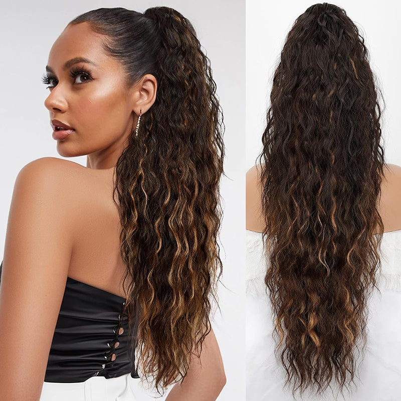 Lange gewellte Pferdeschwanz-Perücke (Water Wave) – Voluminöser Pferdeschwanz mit Clip für Alltag und Fest